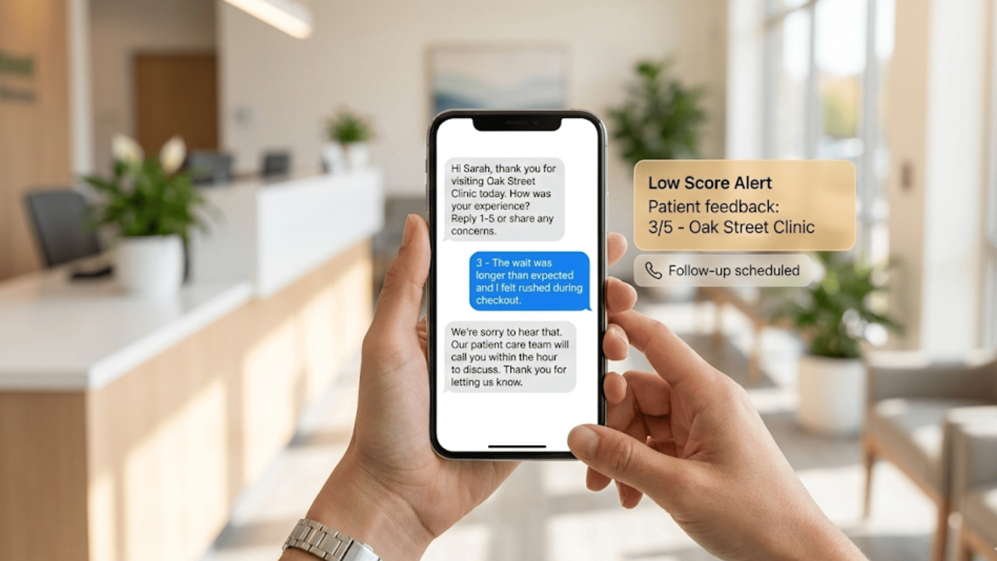 HIPAA-compliant text conversation between patient and healthcare staff about visit experience