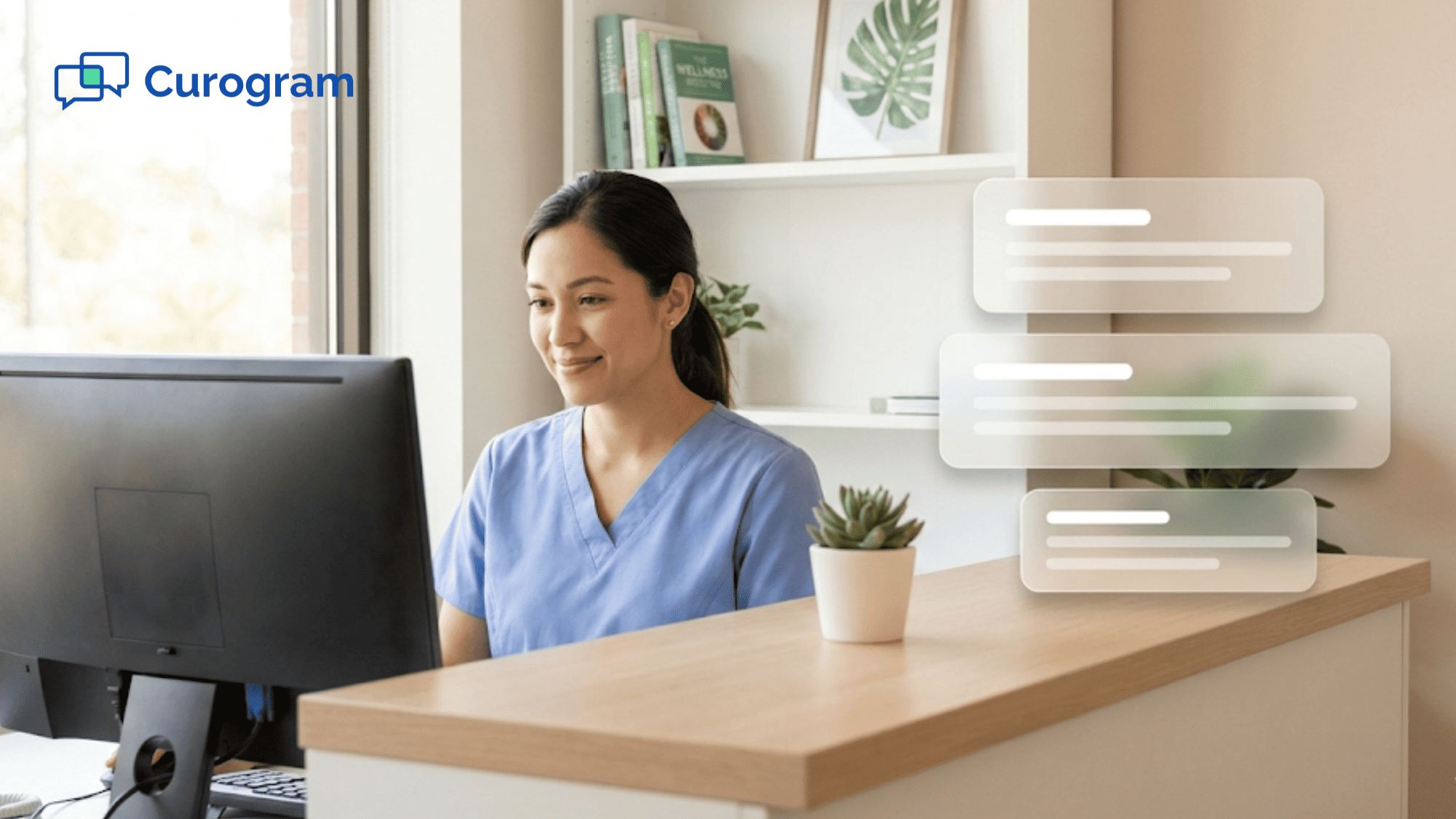 Medical assistant at integrative clinic front desk using secure messaging platform to manage patient communication