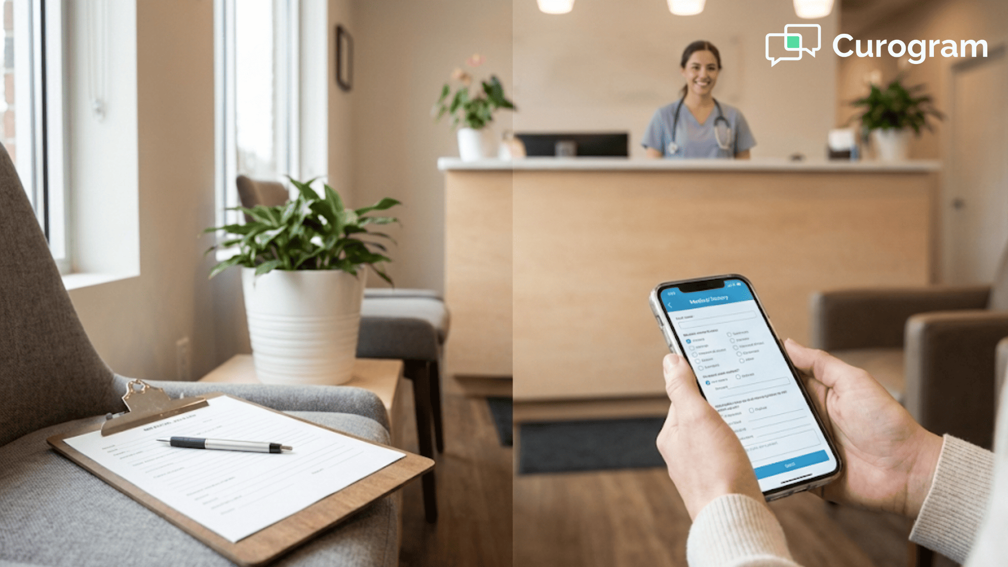 Modern clinic scene contrasting paper clipboard with smartphone digital patient intake