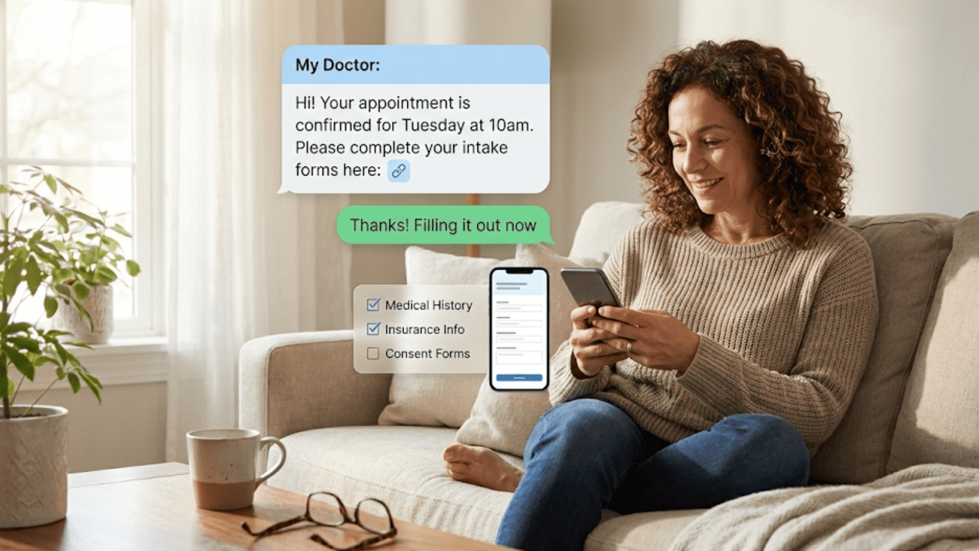Person on couch filling out healthcare forms on phone with appointment confirmation text message displayed