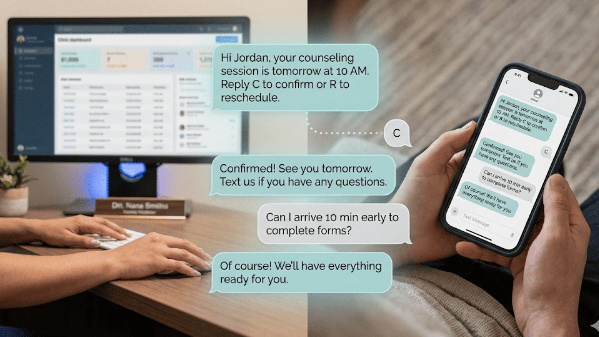 Two-way text message exchange between behavioral health clinic and patient showing appointment confirmation and question response flow