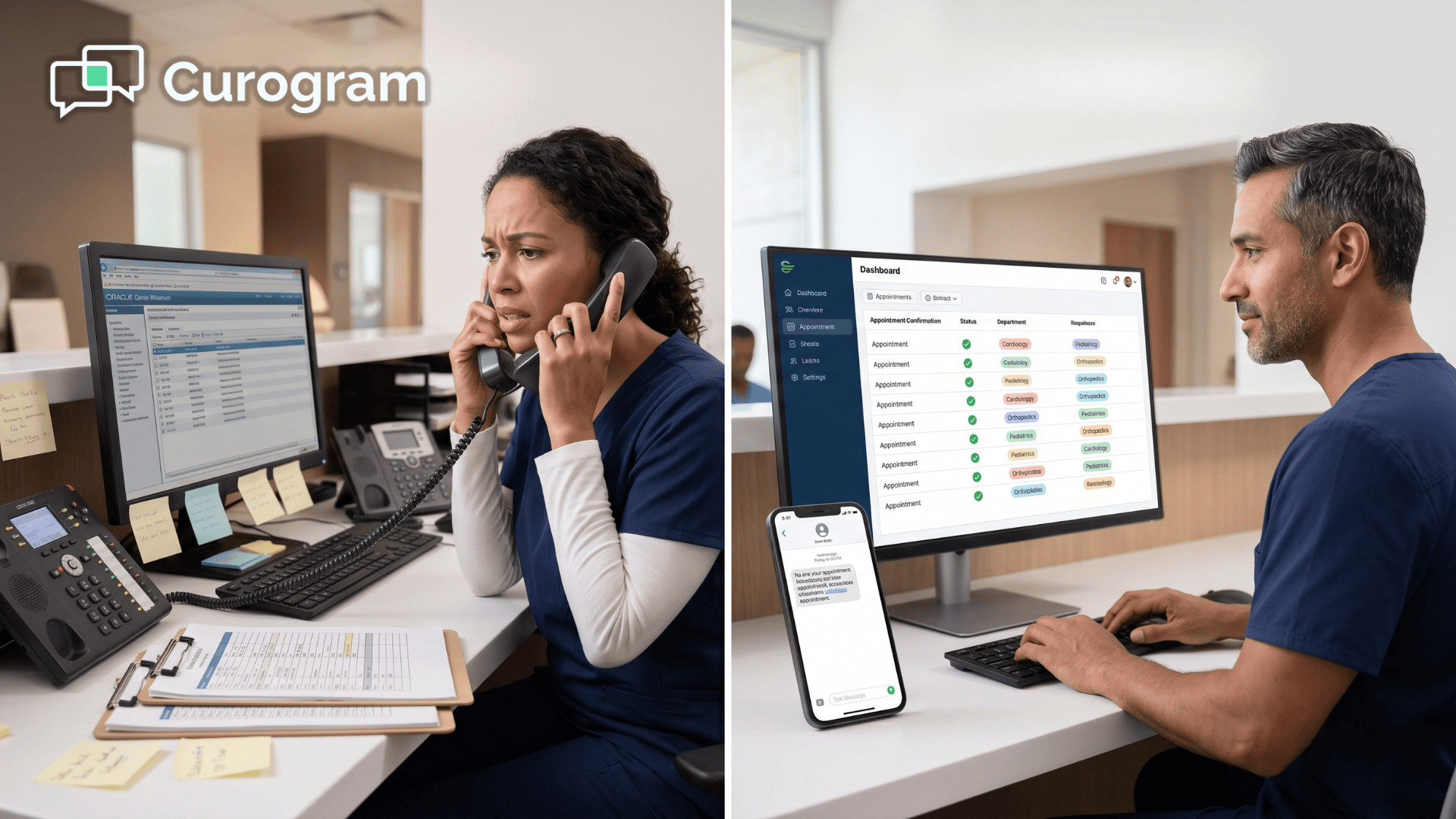 Front desk staff using HIPAA-compliant 2-way texting to confirm Oracle Health appointments.