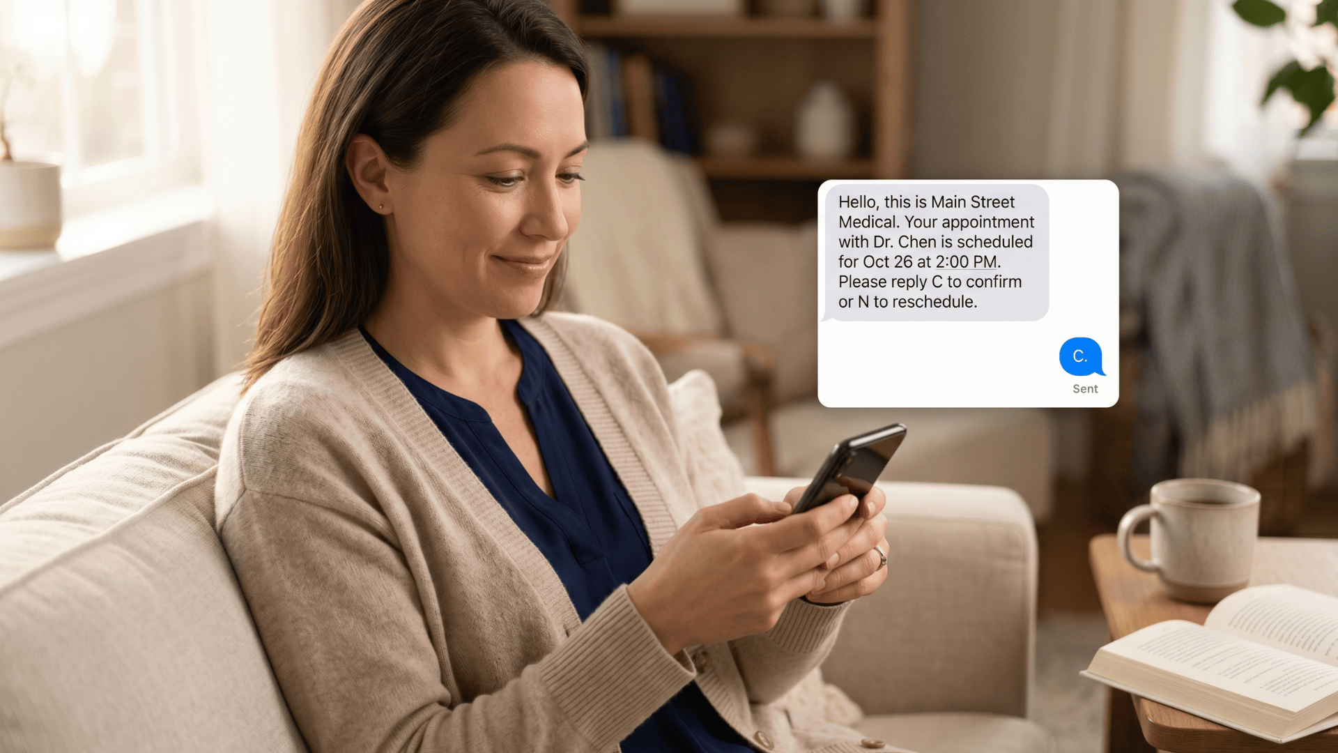 Patient confirming a Cerner Millennium appointment by text message from home on a smartphone.