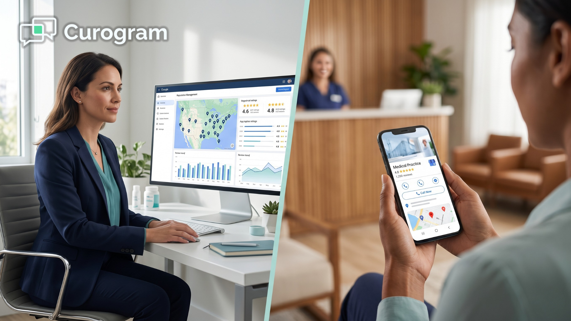 Healthcare admin reviewing Oracle Health multi-location Google review dashboard on monitor