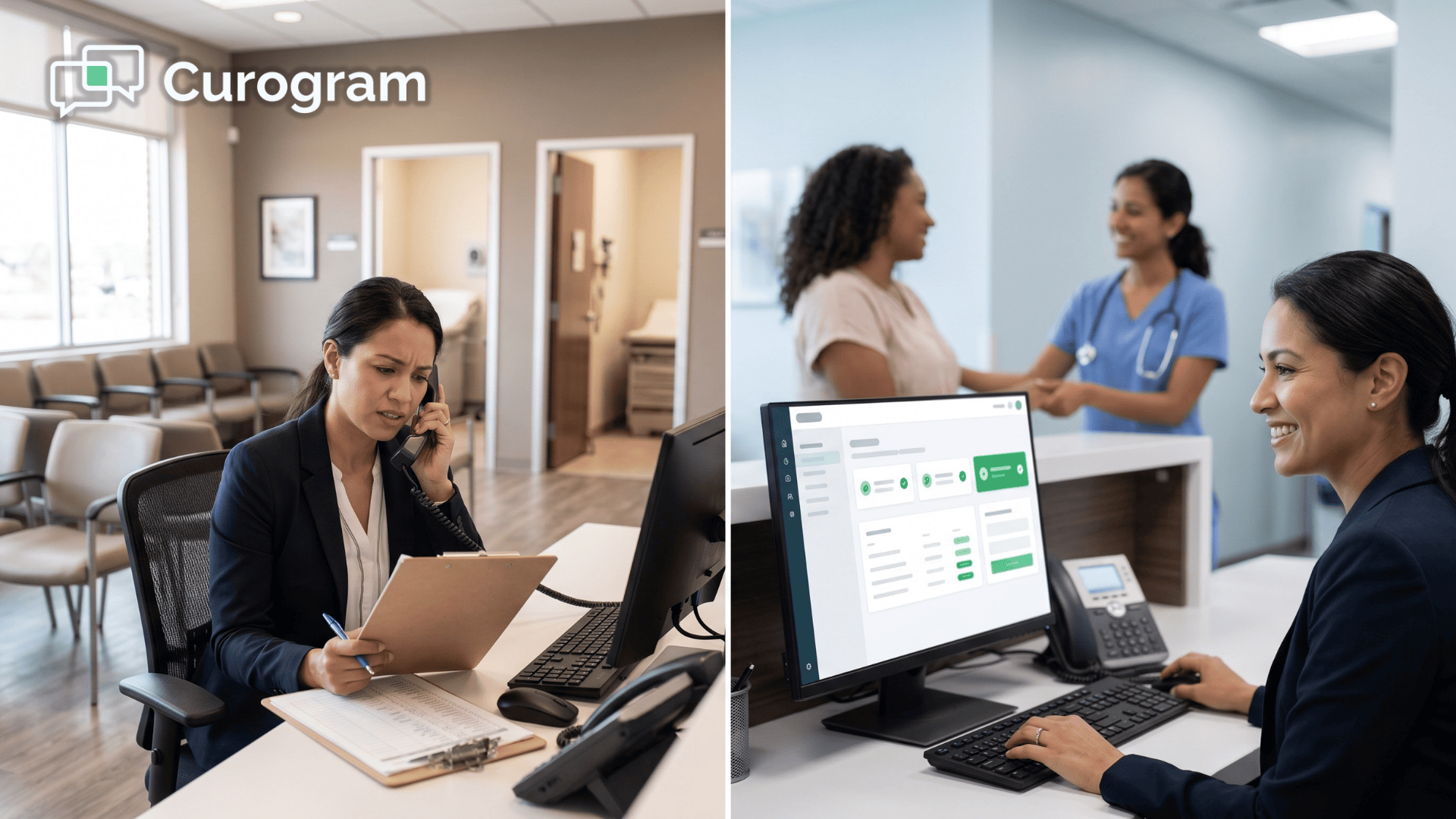 Front desk staff comparing chaotic vs. organized scheduling with Oracle Health appointment reminders