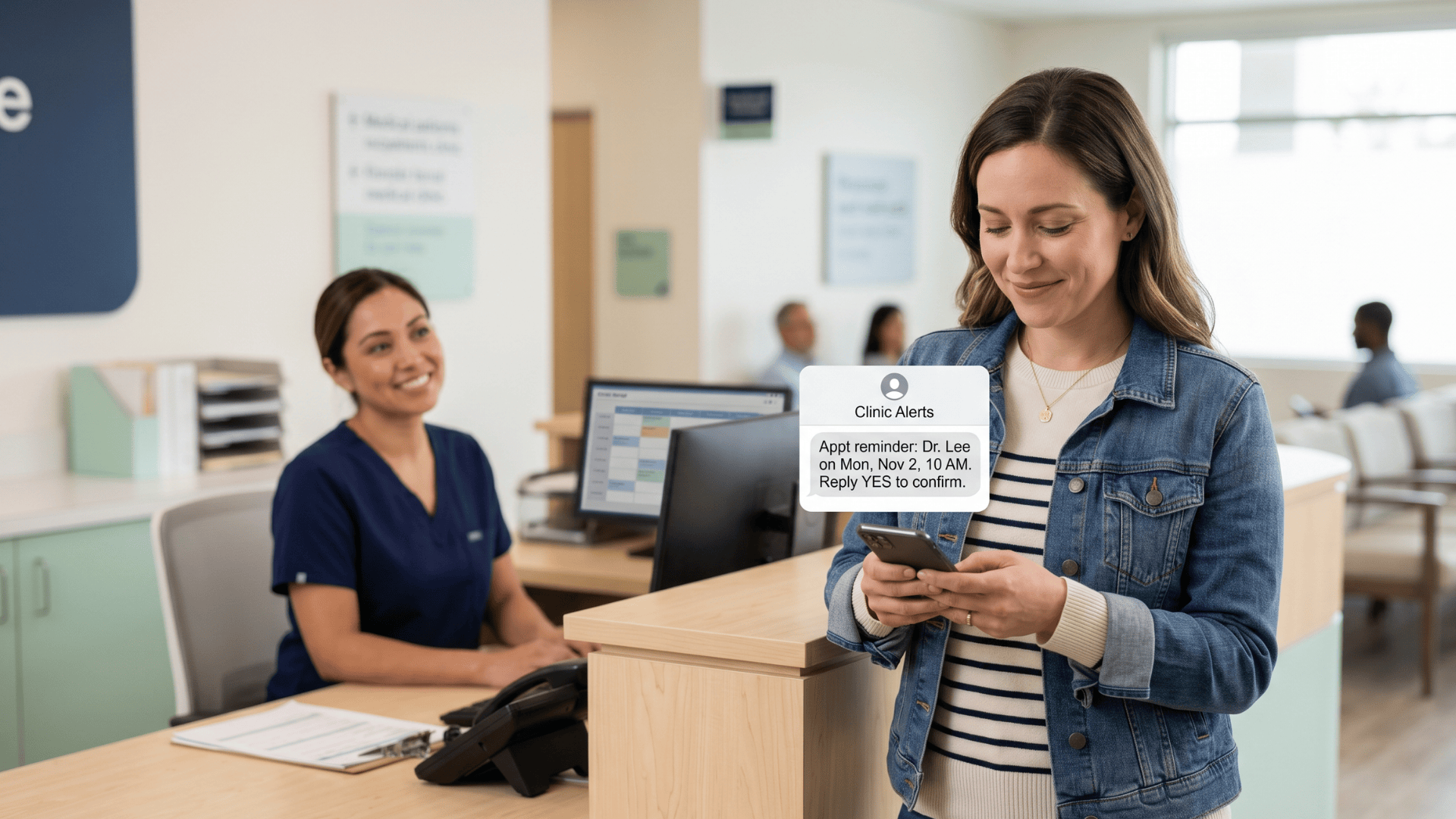 Patient confirming clinic appointment via SMS reminder while staff assists at front desk