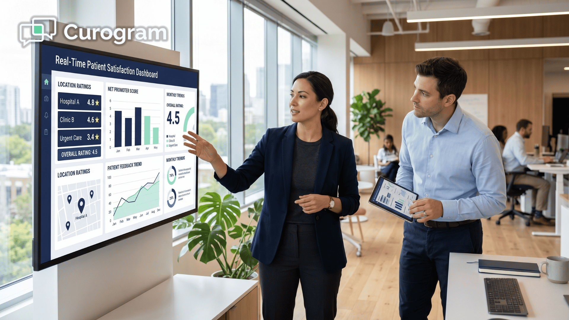 Healthcare operations director reviewing real-time patient satisfaction dashboard with colleague.