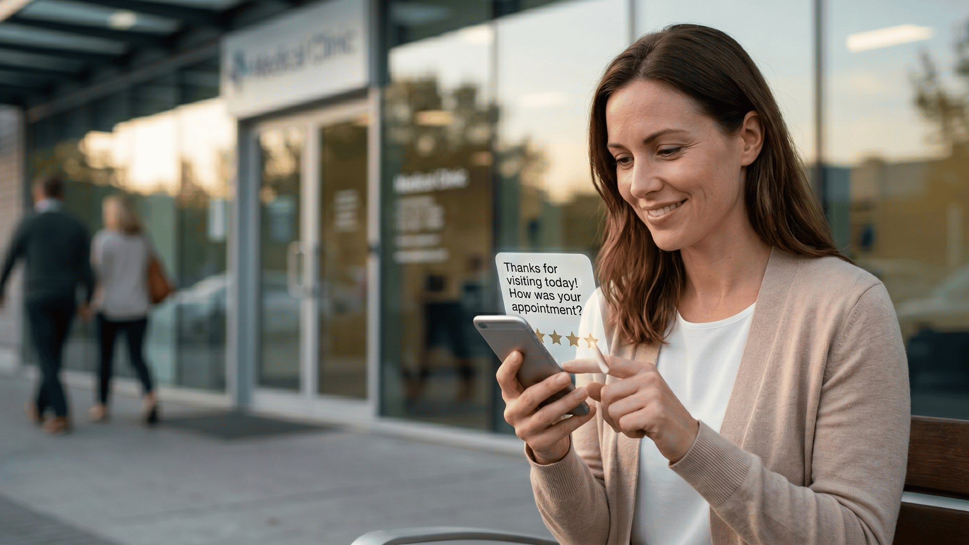 Patient tapping a 5-star SMS satisfaction survey after a medical clinic appointment.