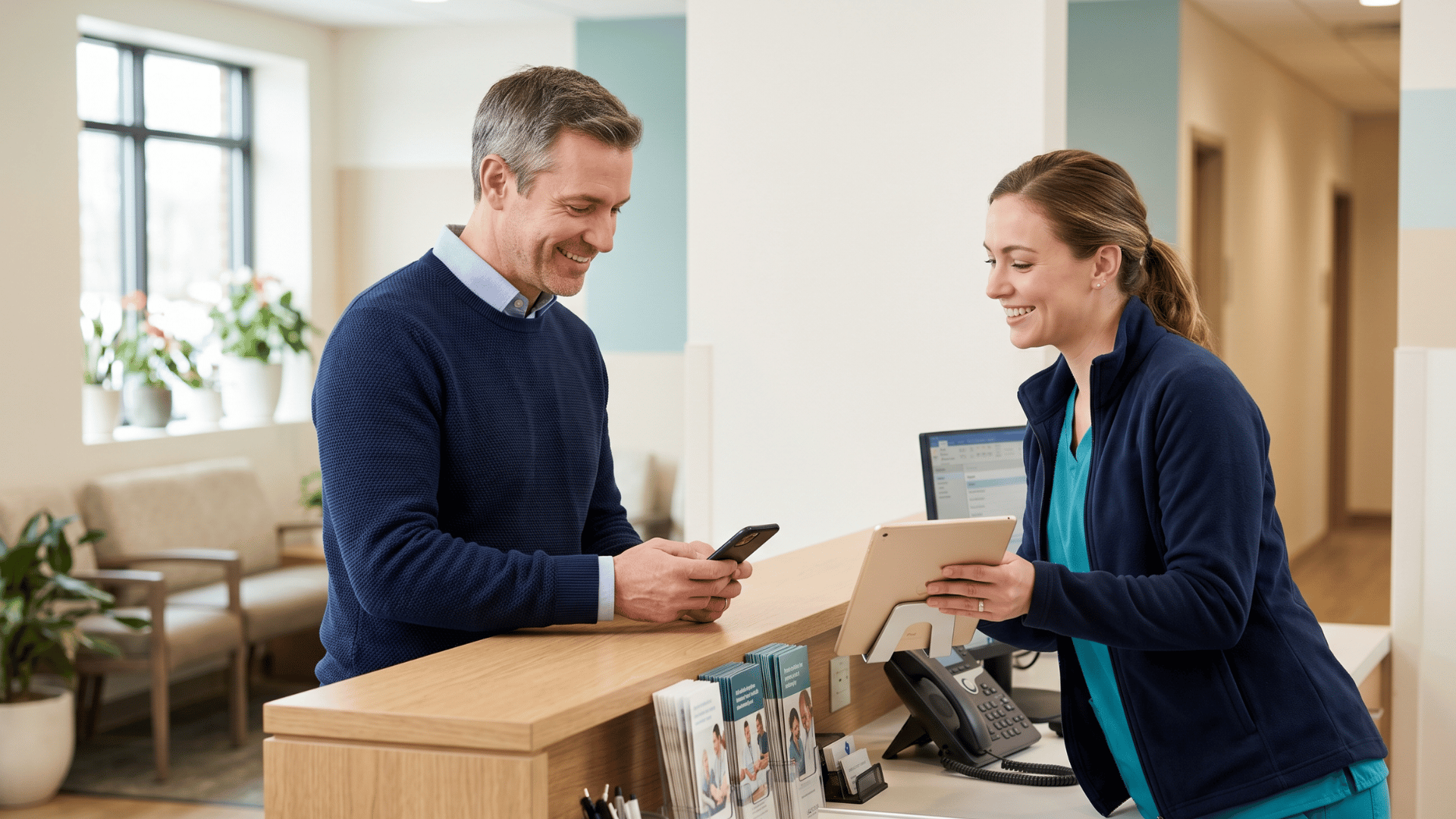 Medical office staff helping patient set up secure text-to-pay payment on smartphone.