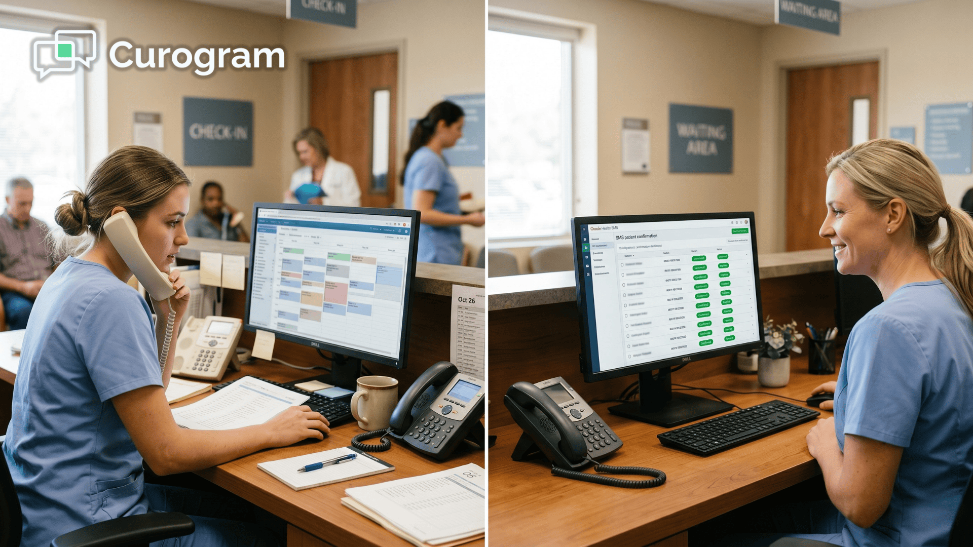 Front desk staff handling Cerner appointment confirmation calls before and after 2-way texting setup.