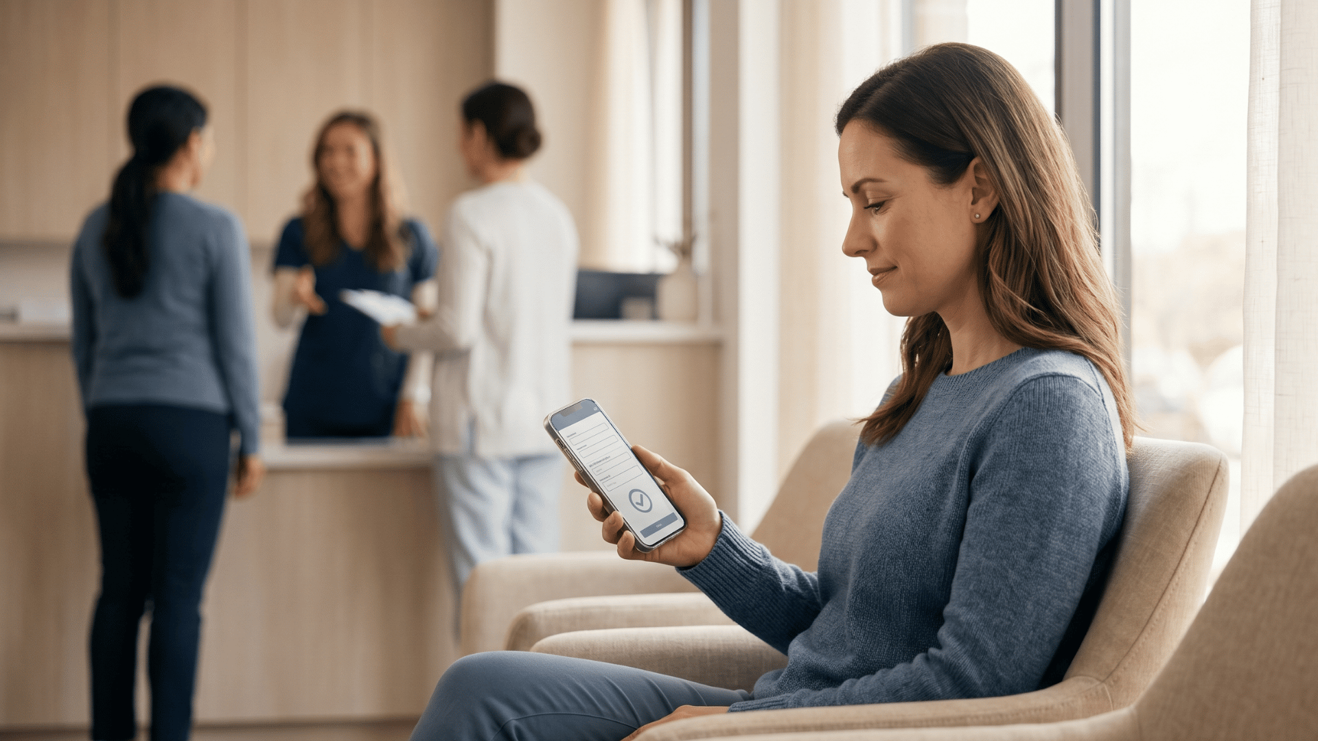 Patient completing digital intake forms on a smartphone in a modern medical clinic waiting area.