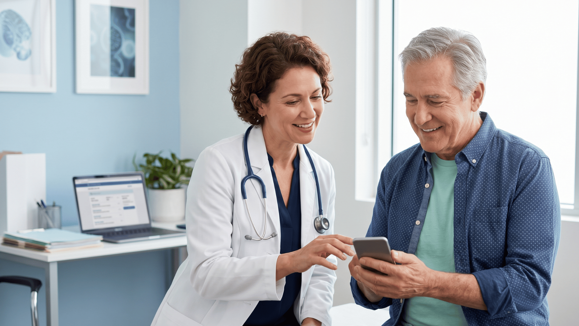Doctor showing patient an SMS appointment reminder on smartphone in modern clinic exam room