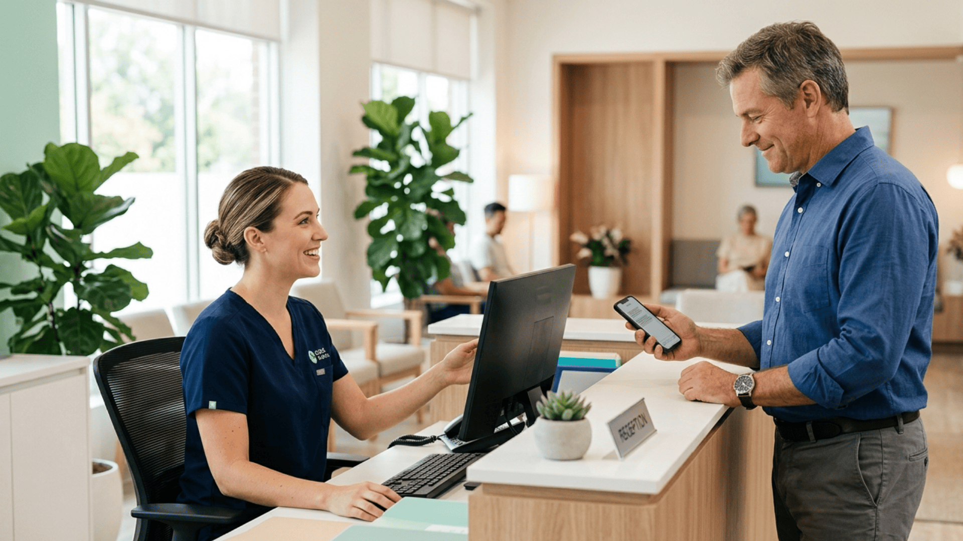 Patient confirming appointment via SMS while medical receptionist assists at modern clinic front desk.