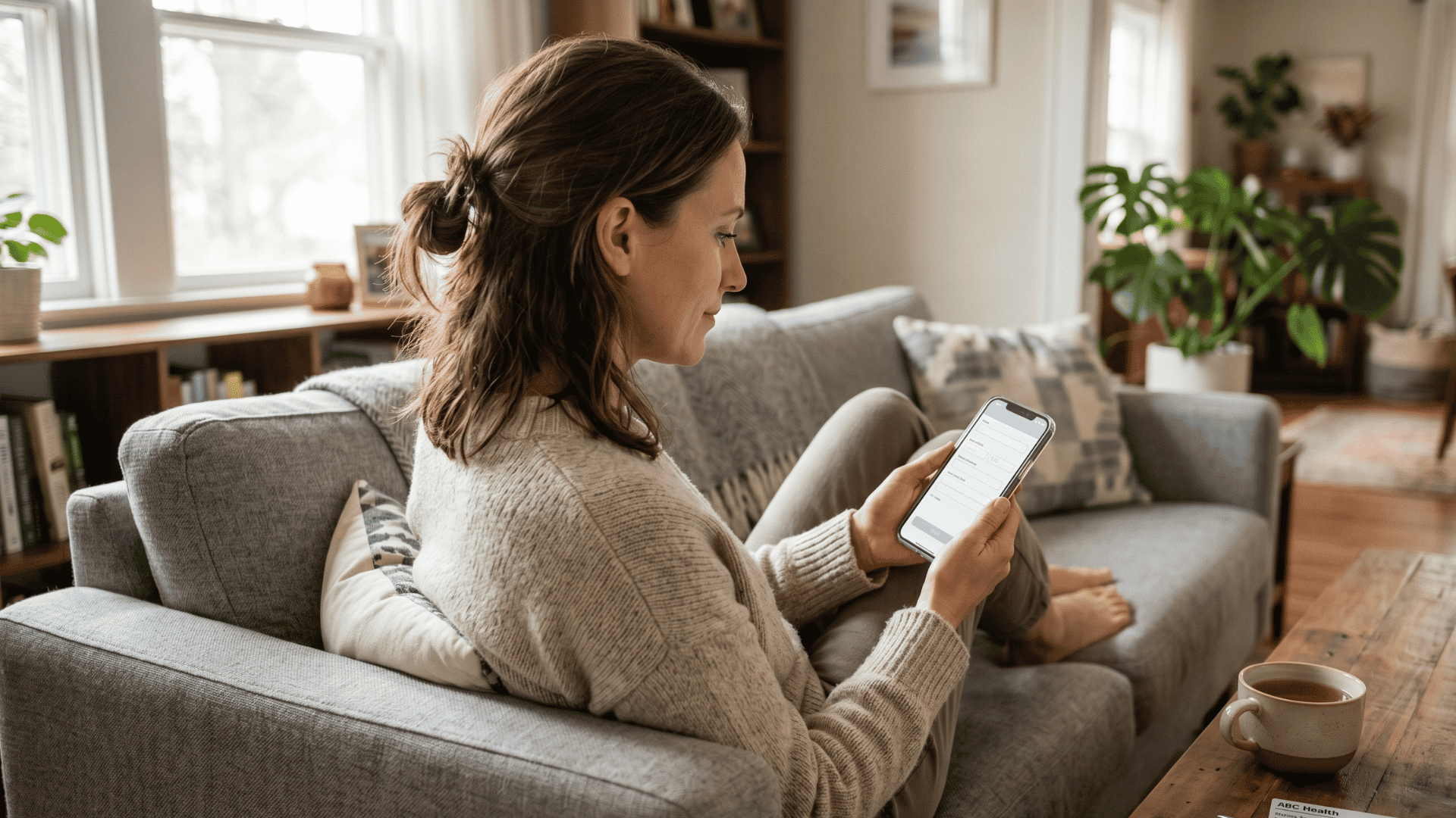 Patient completing pre-visit intake forms on her smartphone at home before a medical appointment.