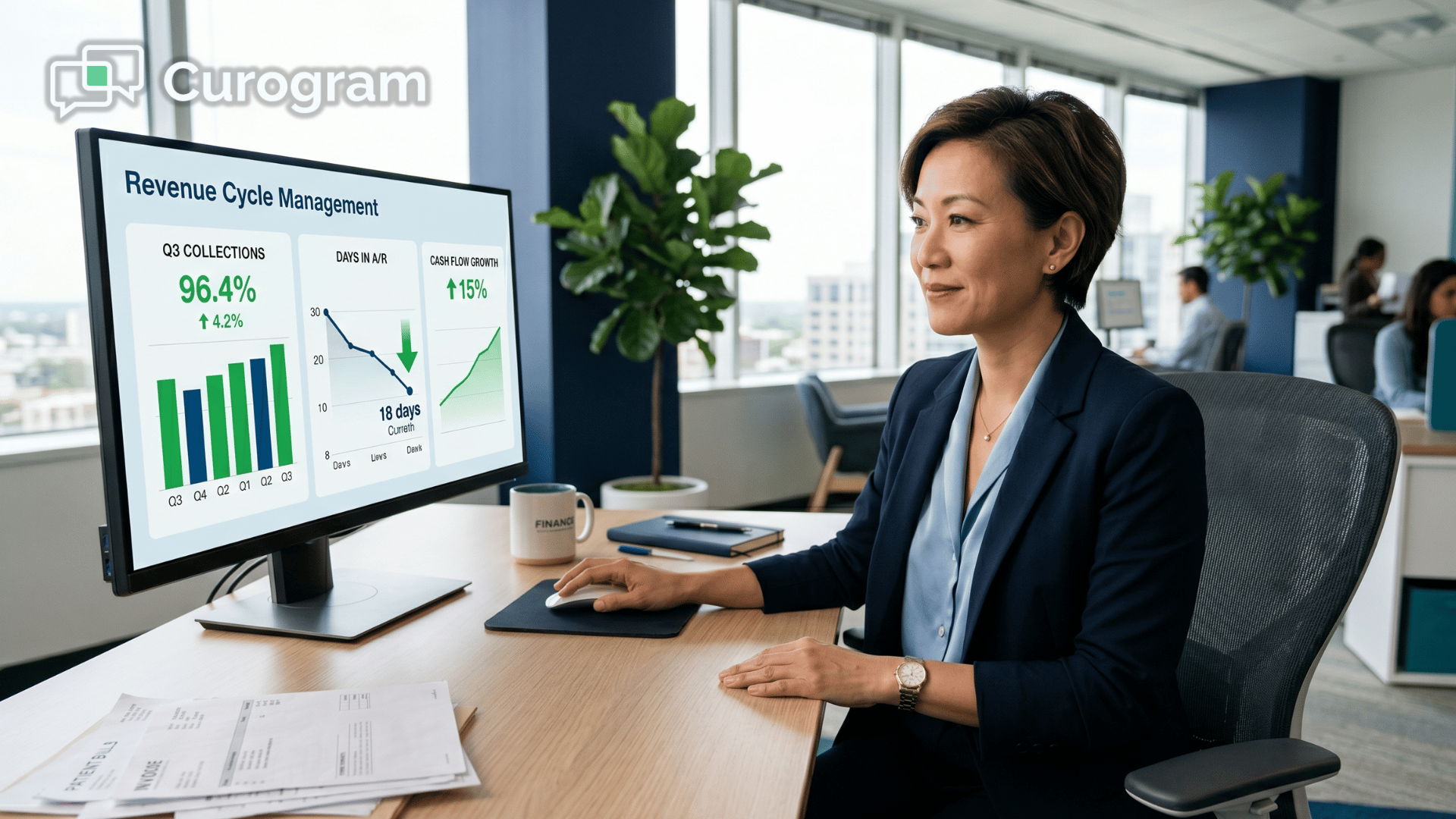 Healthcare CFO reviewing text-to-pay SMS dashboard showing improved days-in-A/R and patient collections.