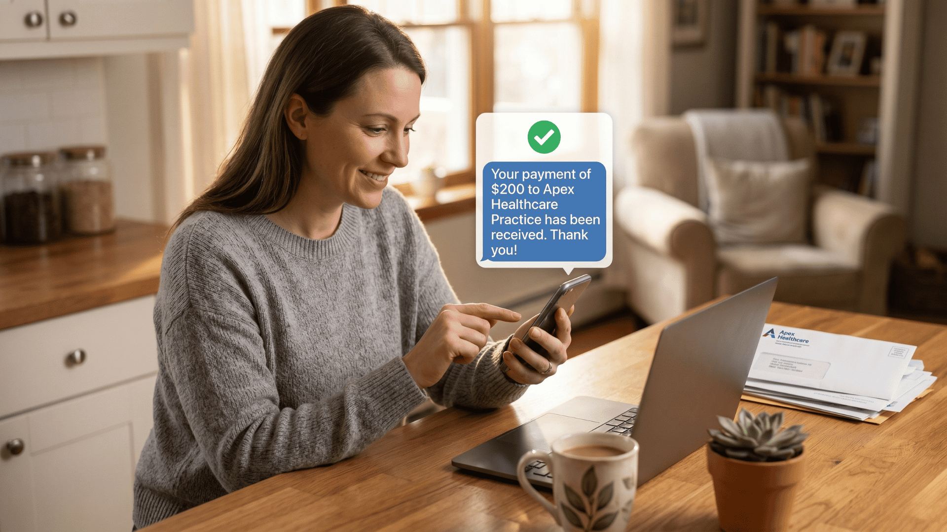 Patient using text-to-pay SMS to settle a medical bill from her phone in seconds.