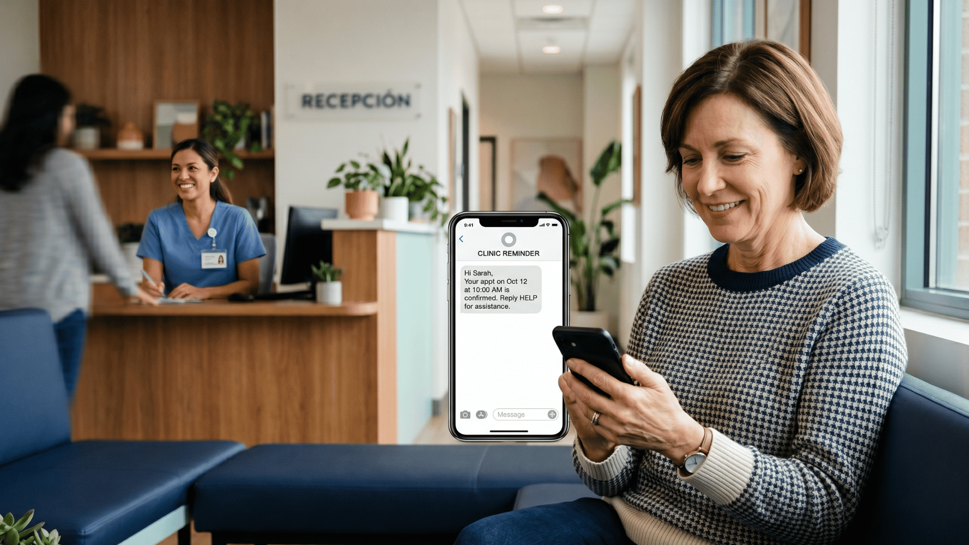 Patient receiving HIPAA-compliant SMS appointment reminder from healthcare provider on smartphone.