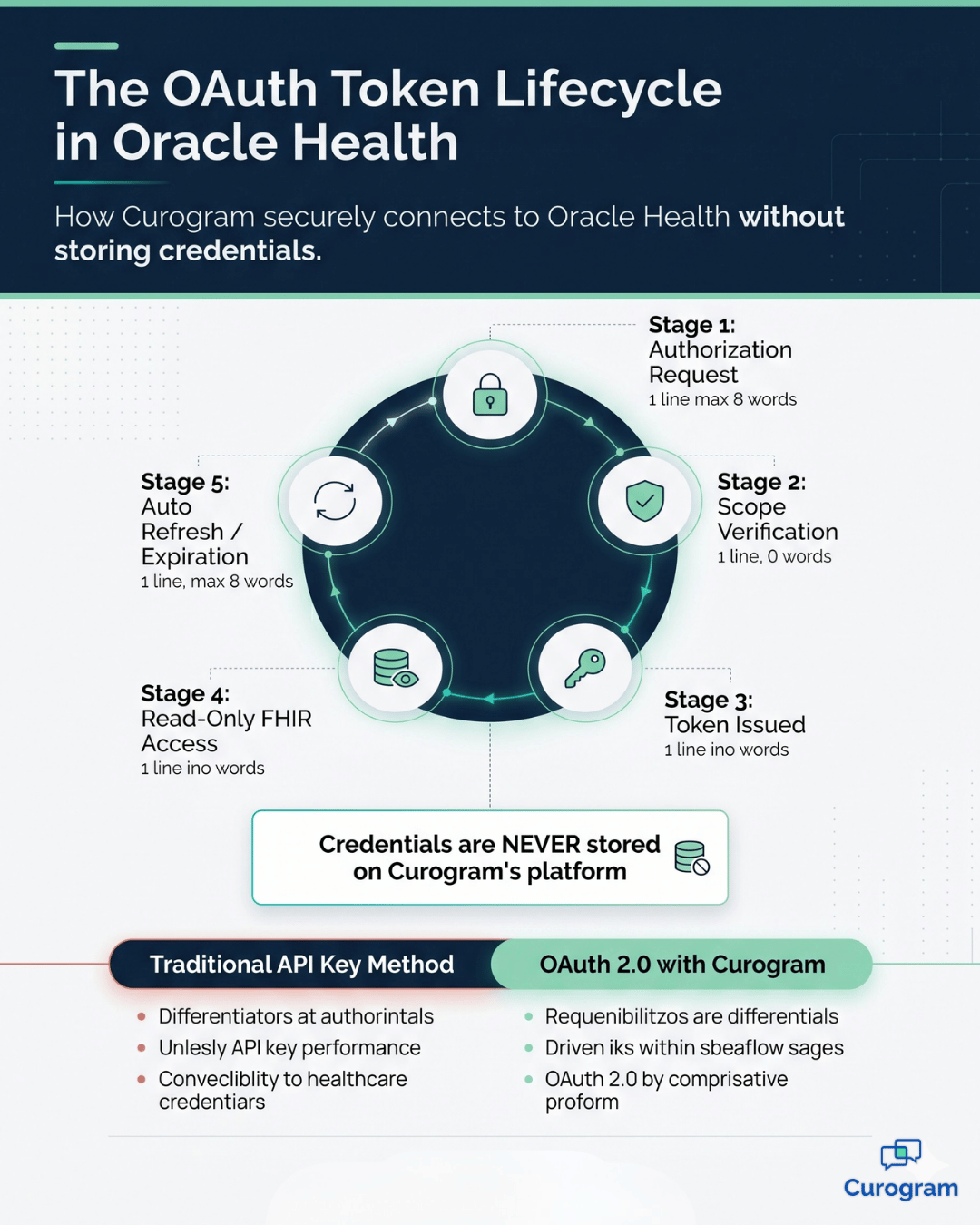 OAuth 2.0 token lifecycle infographic showing secure FHIR API authentication with Oracle Health.