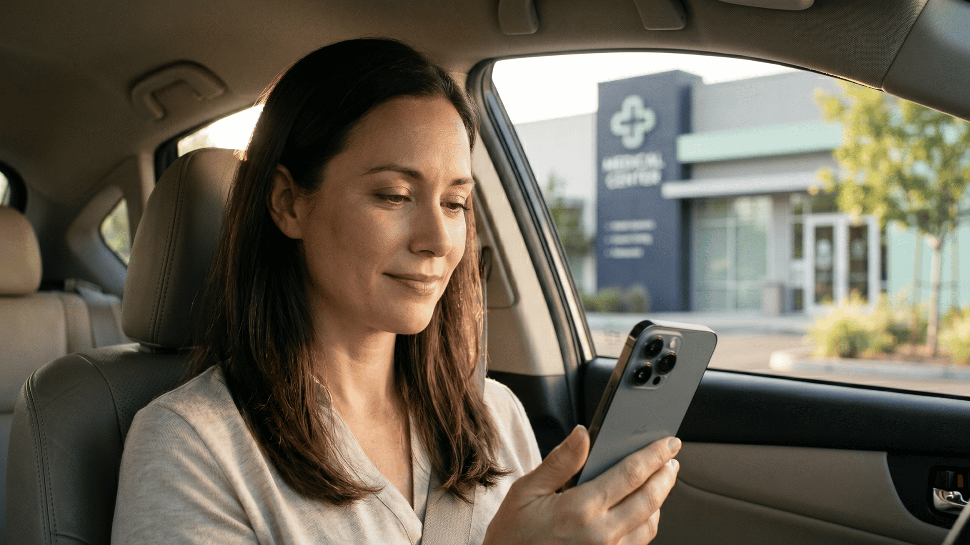 Patient in car reading a post-appointment review survey text after visiting a healthcare clinic