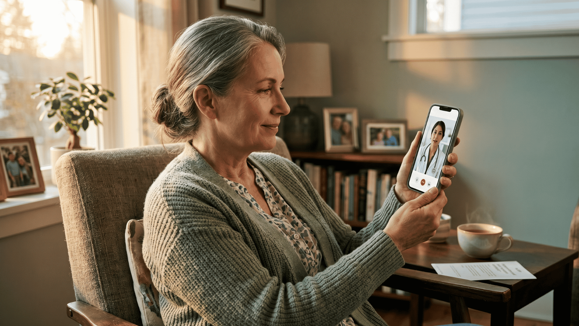Medical front desk staff helping an elderly patient join a virtual visit using a simple text link.