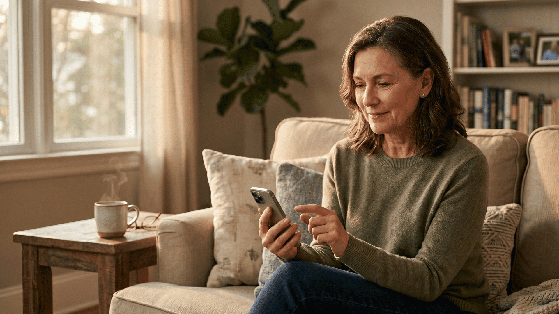 Patient checking SMS healthcare appointment reminder on smartphone at home, smiling with ease.
