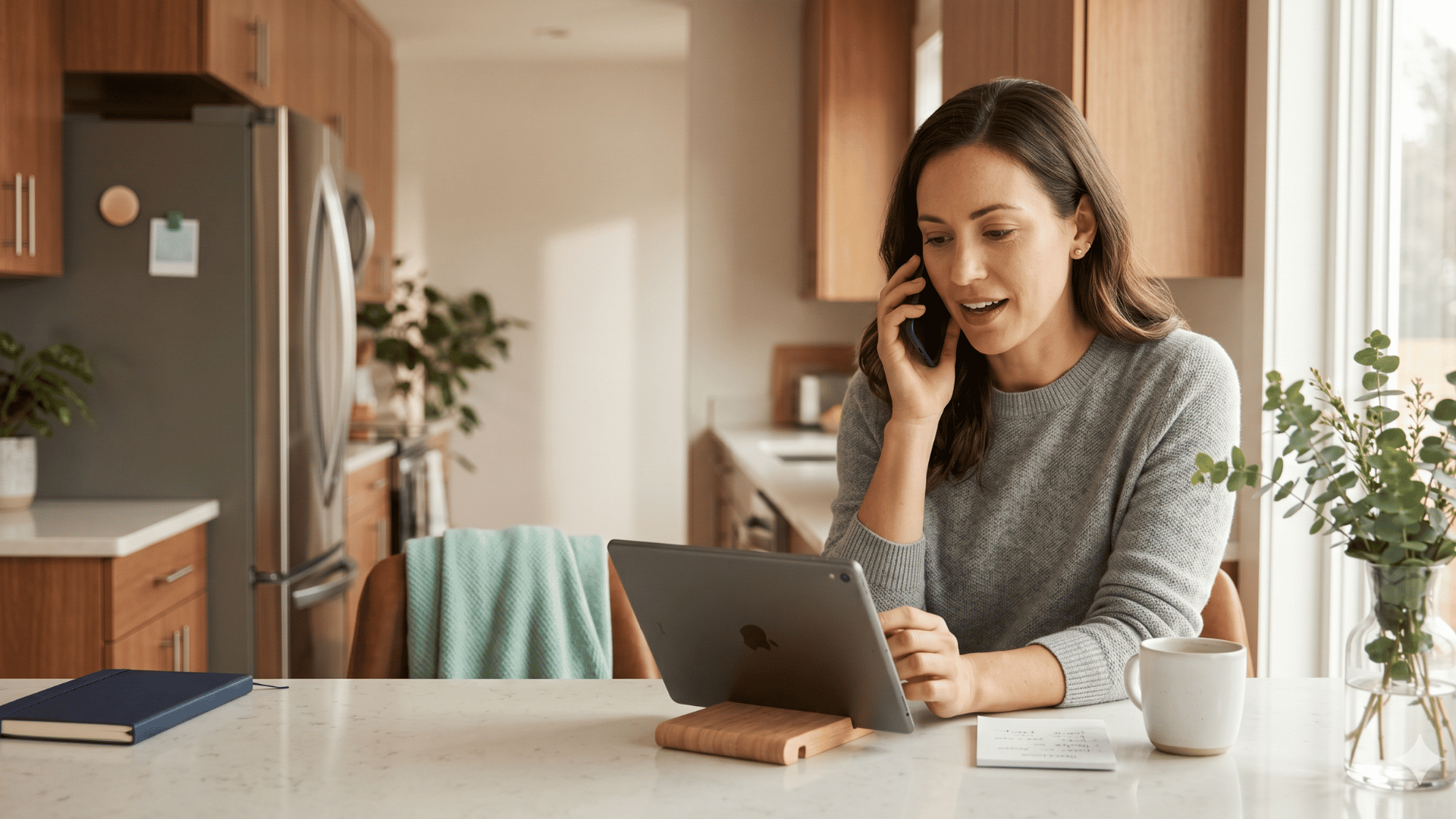 Patient joining a virtual visit from her kitchen using a zero-download telemedicine link.