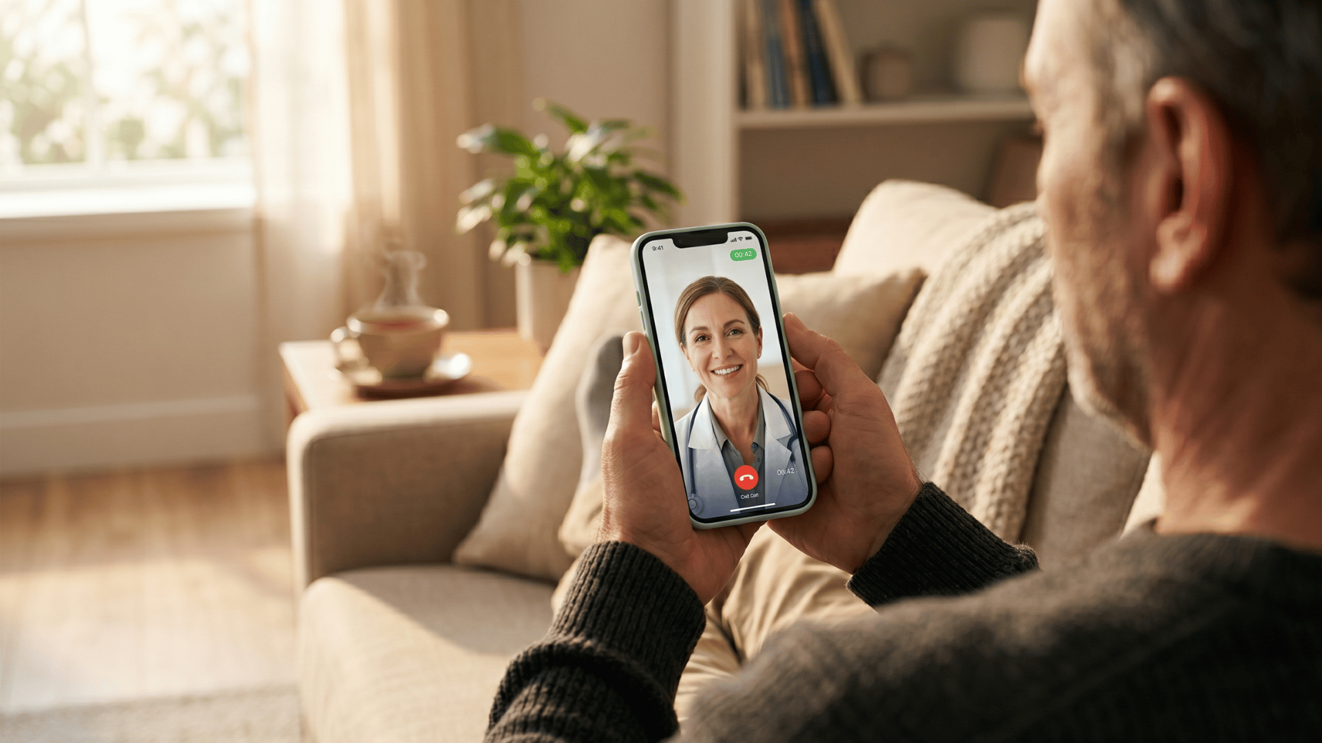 Patient on sofa joining a zero-download telemedicine visit with a doctor on his smartphone screen.