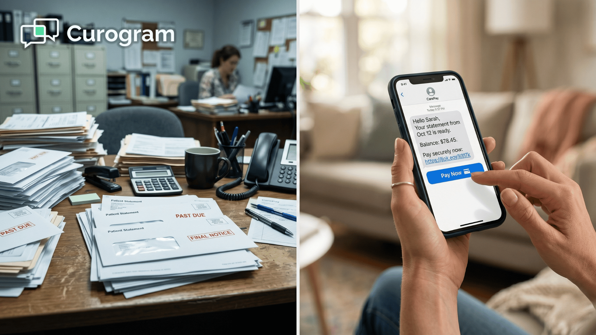 Split image comparing paper patient statements with text-to-pay SMS healthcare billing on a smartphone.