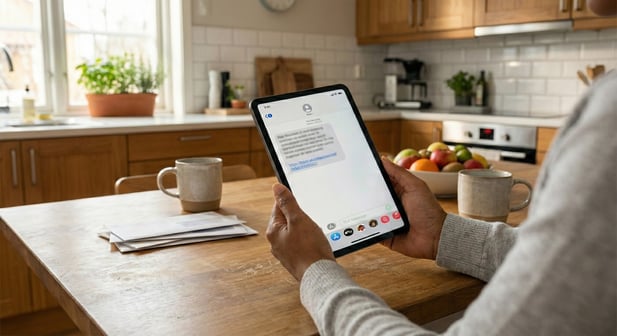 Woman of color holding a tablet with a secure message in a home kitchen setting