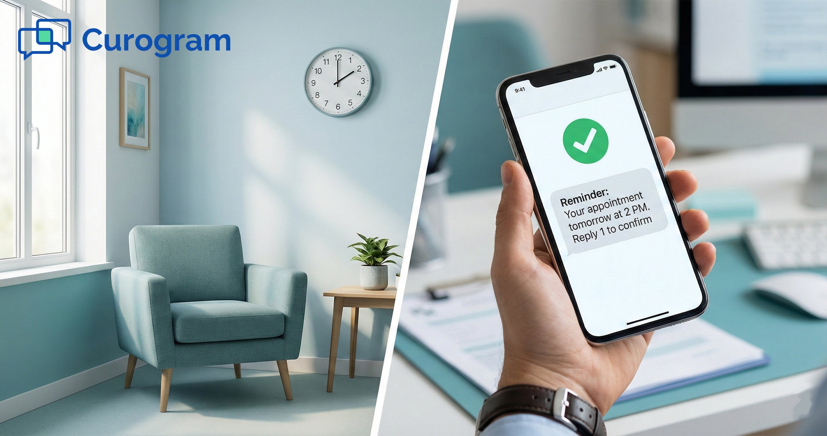 Empty psychiatric clinic chair contrasting with a mobile appointment reminder text message