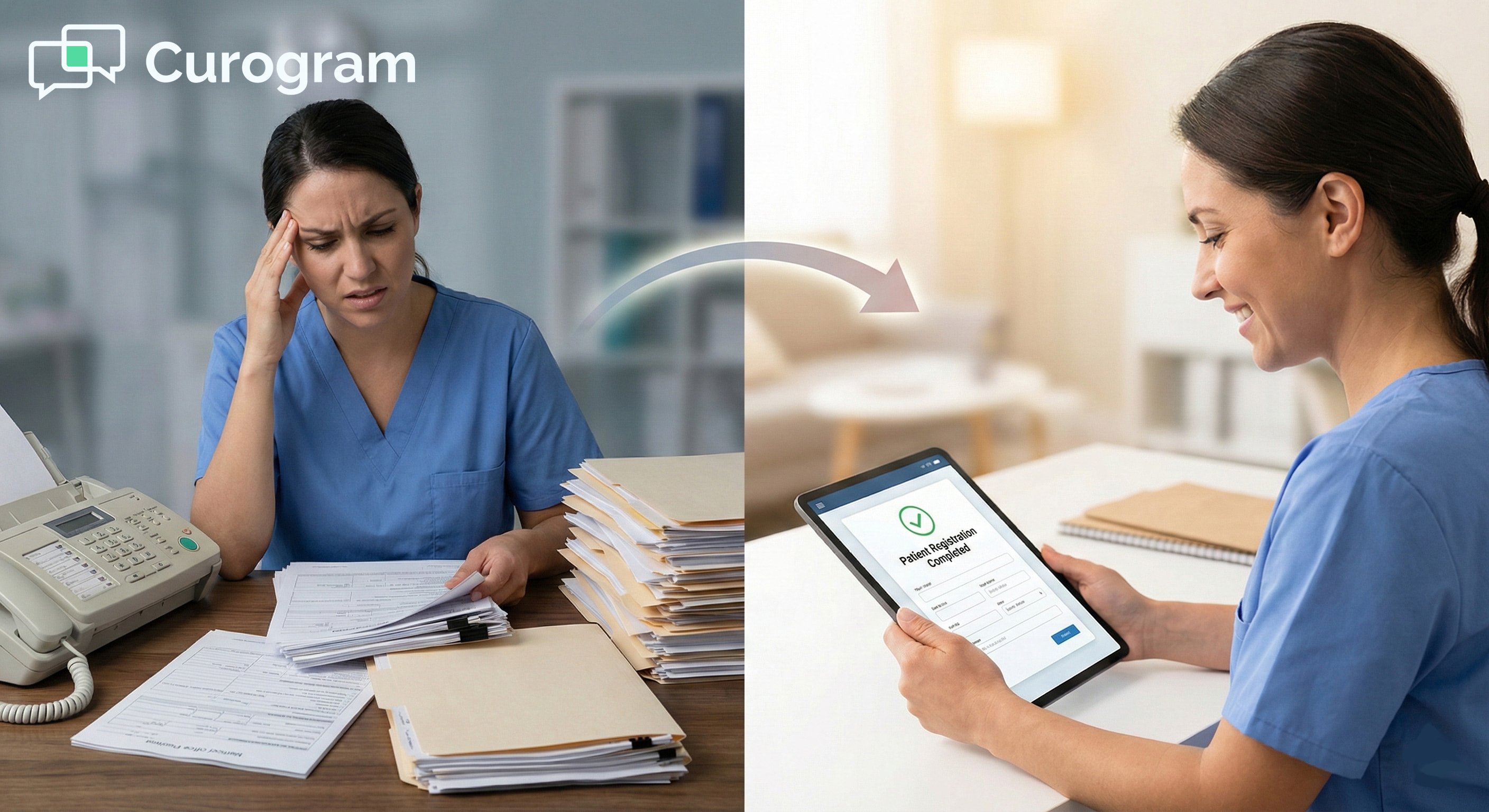 Split photo contrasting stressed medical staff doing paper intake vs efficient digital registration