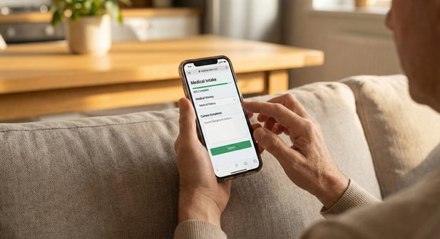 Patient sits on a couch conveniently filling out a mobile medical intake form on a smartphone