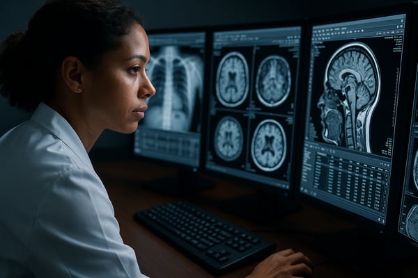 Radiologist analyzing patient scans on a high-resolution PACS system workstation, demonstrating the use of PACS software in medical diagnostics for PACS radiology.
