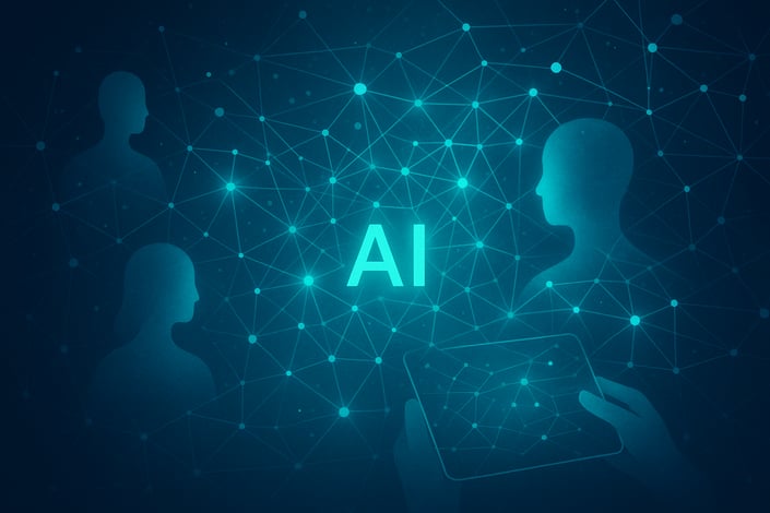 Futuristic digital art symbolizing AI and interconnected data, representing the future evolution of the **patient engagement platform** and advanced ways to **improve patient engagement**.