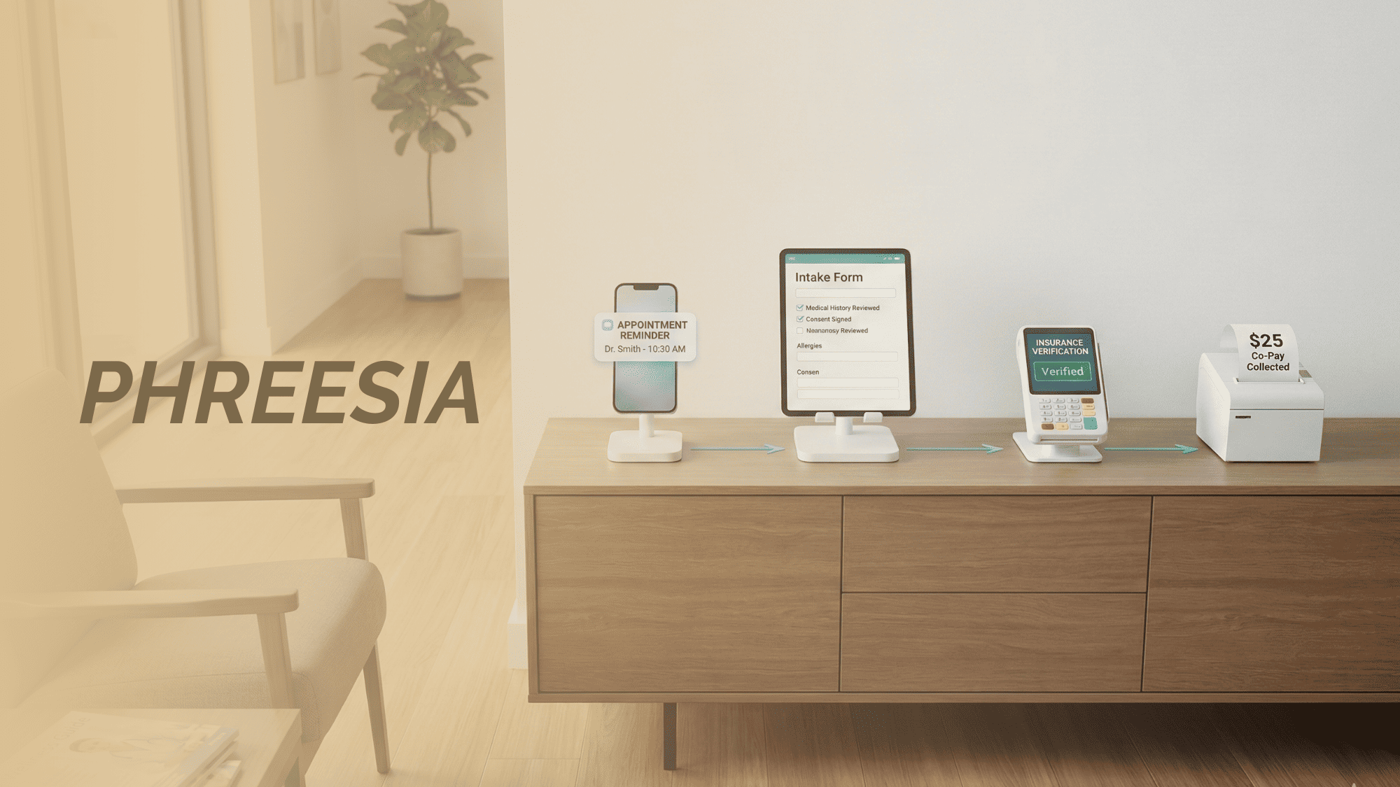 Four-step digital front door process from reminder to intake to insurance check to co-pay collection