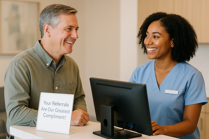 Satisfied patient at clinic reception, illustrating the potential of patient referral programs.