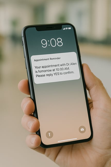 A smartphone displaying an SMS appointment confirmation, a key strategy to help solve why patients no-show for appointments.