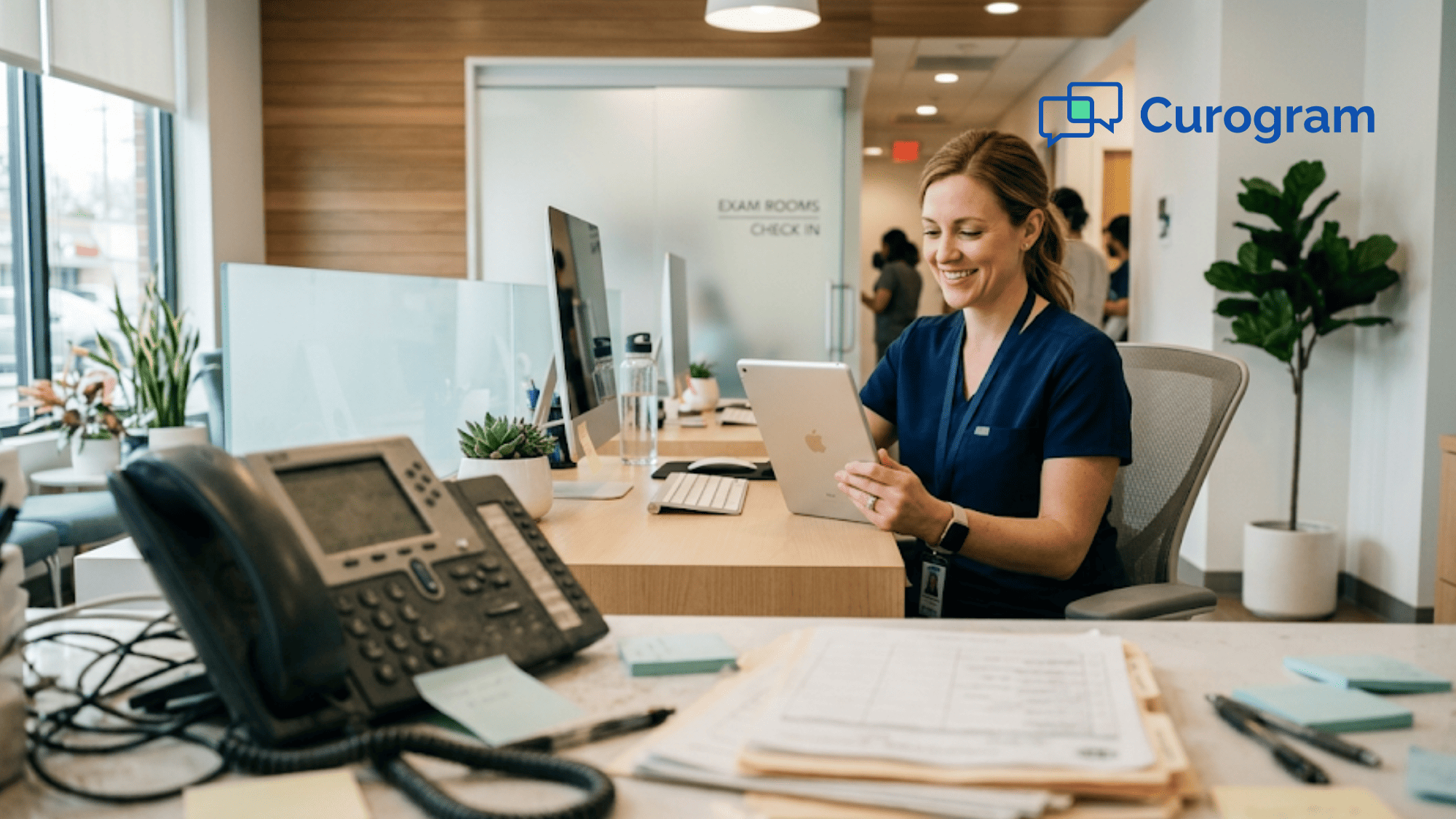 Medical practice team reviewing HIPAA compliant messaging results on computer screen