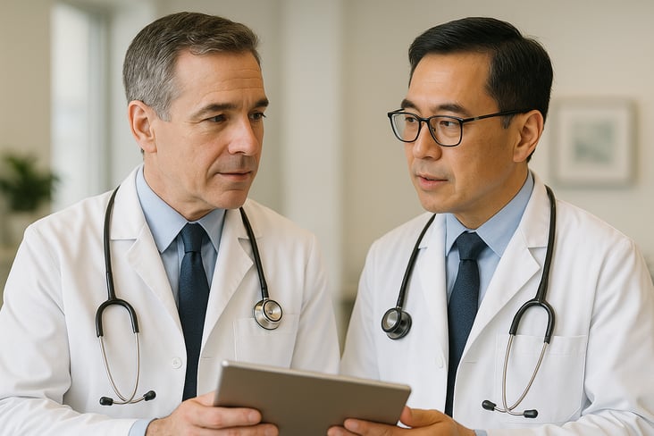 Two diverse doctors discussing a patient case, illustrating the physician referral process.