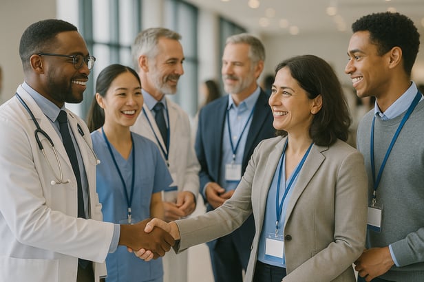 Healthcare professionals networking at an event to build relationships for increasing physician referrals.