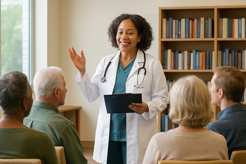 Healthcare professional leading a community health workshop, an advanced strategy for increasing patient referrals.