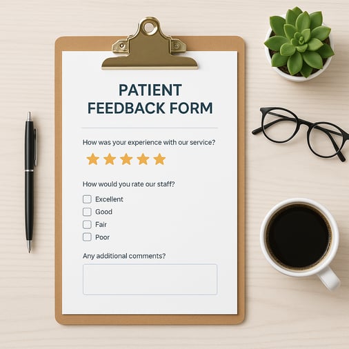 A clipboard showing patient survey questions, illustrating how to write effective patient satisfaction survey examples from scratch.