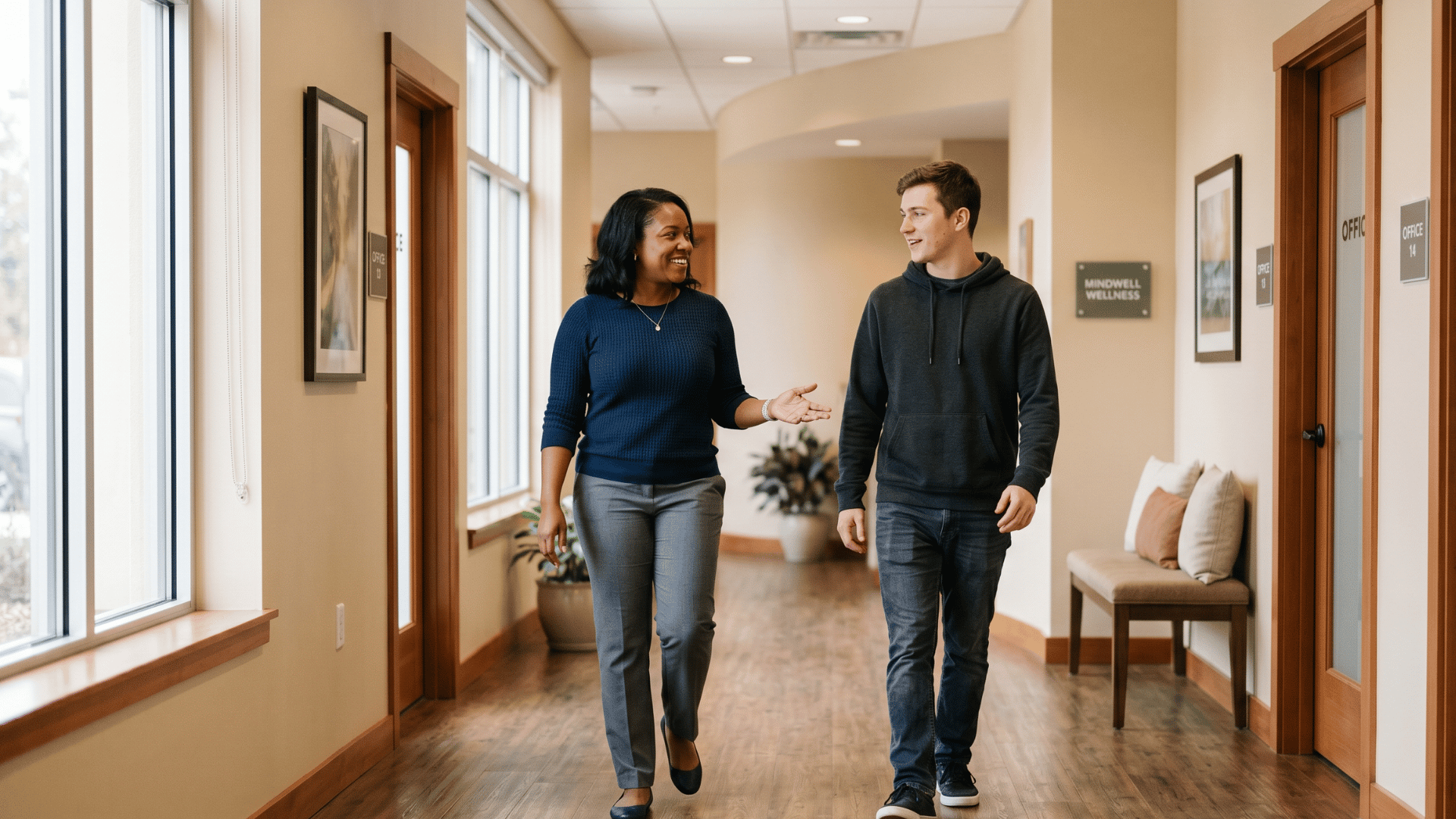 Intake coordinator guiding a new client down a bright behavioral health clinic hallway