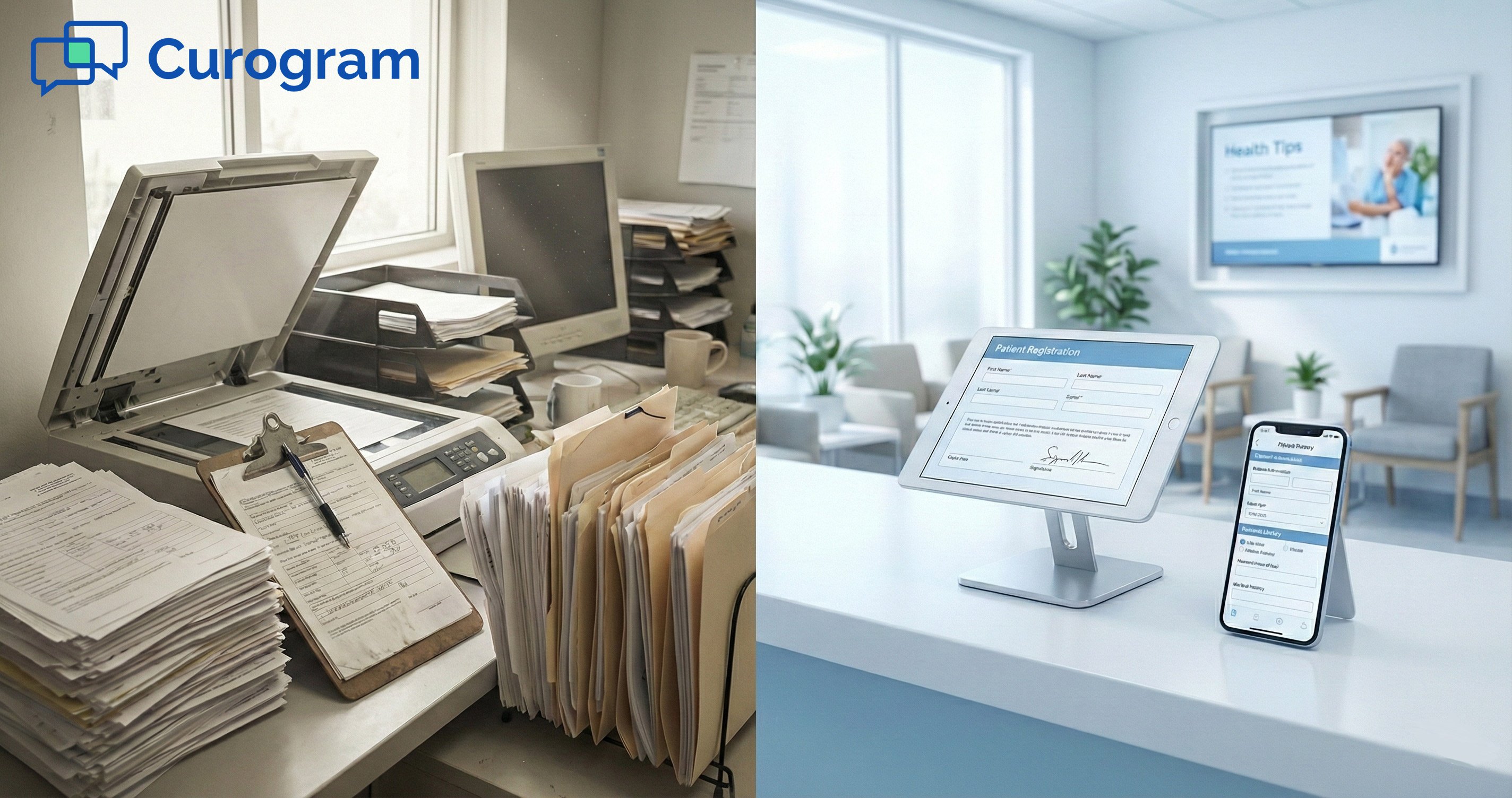 Side-by-side view of traditional paper intake forms versus a streamlined digital patient kiosk