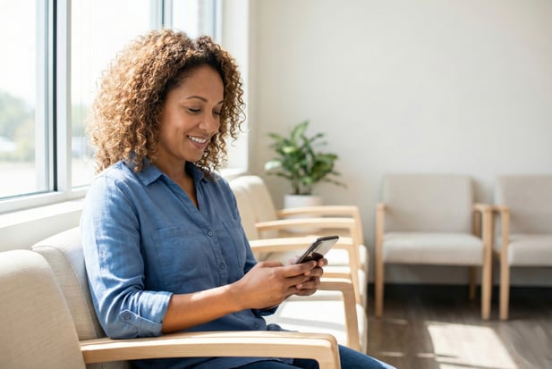 Patient in a modern waiting room using a smartphone to complete digital medical intake forms
