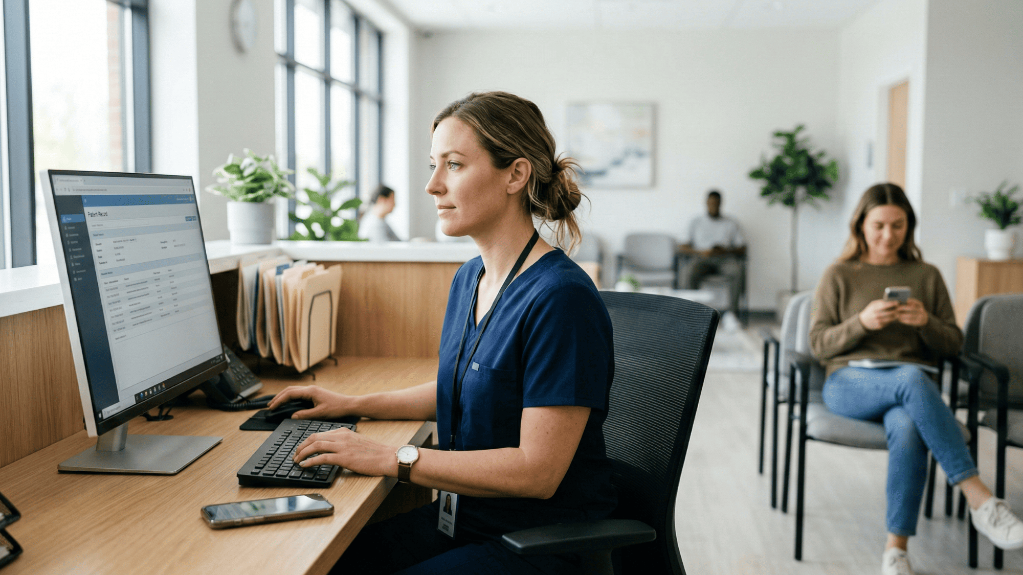 Medical office staff member at front desk while patient in waiting room checks a text message on their phone