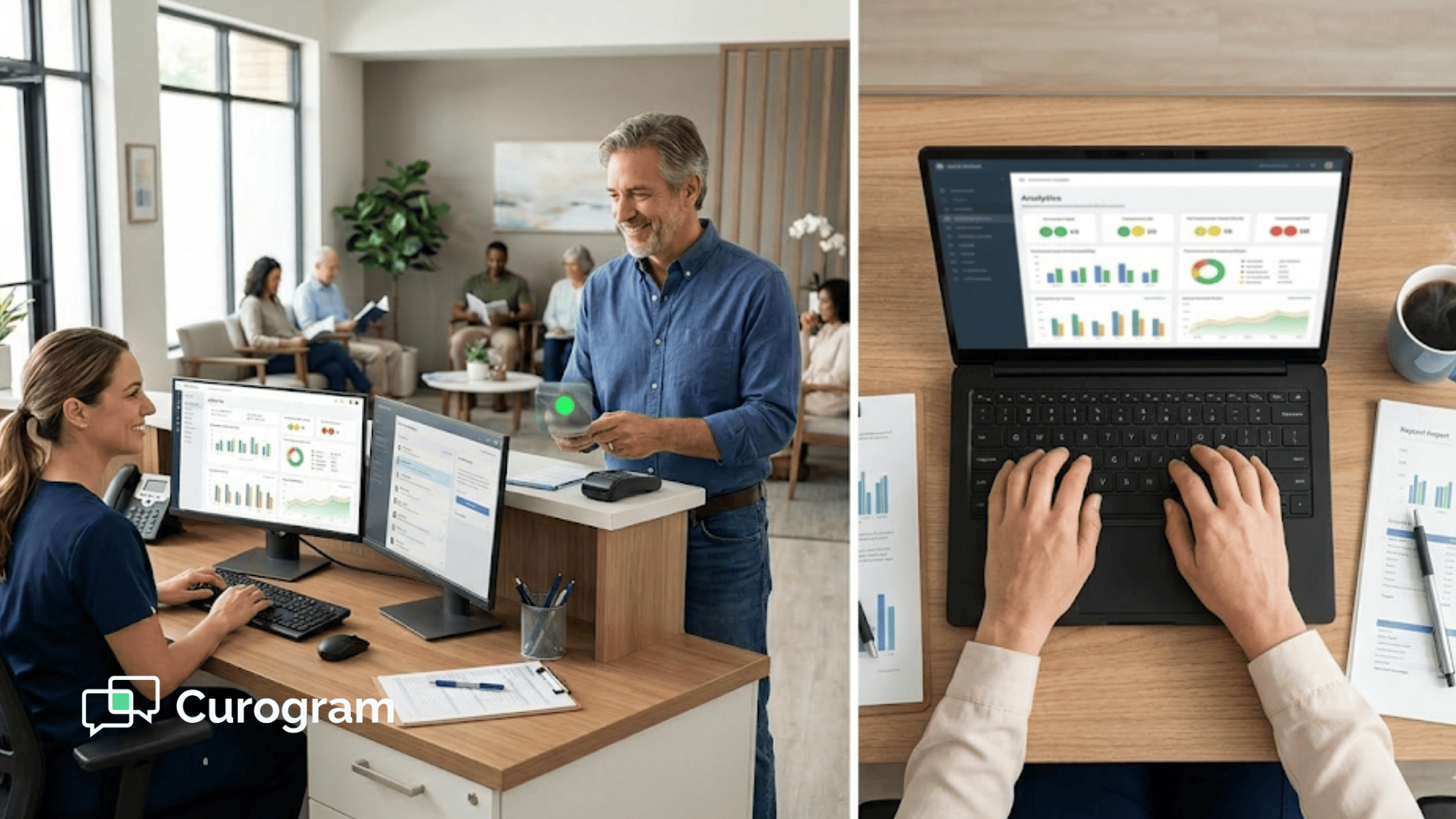 Medical office coordinator reviewing patient communication metrics on a dashboard while a patient checks in at the front desk