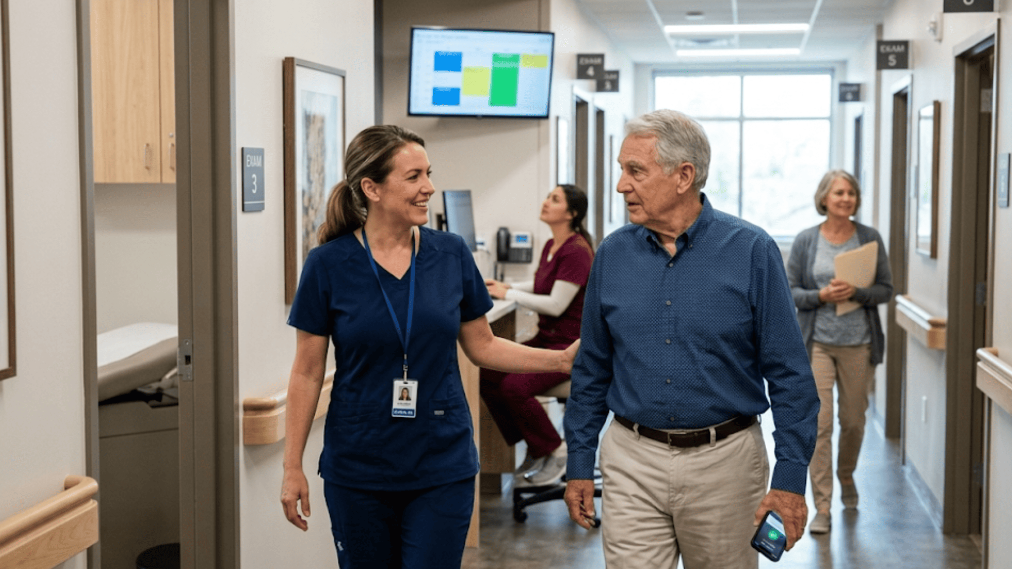Nurse walking an elderly patient to an exam room in a modern clinic after a successful appointment reminder follow-up