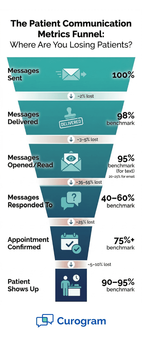 Visual funnel chart breaking down patient outreach performance benchmarks from 100% messages sent to 75% appointment confirmation rate