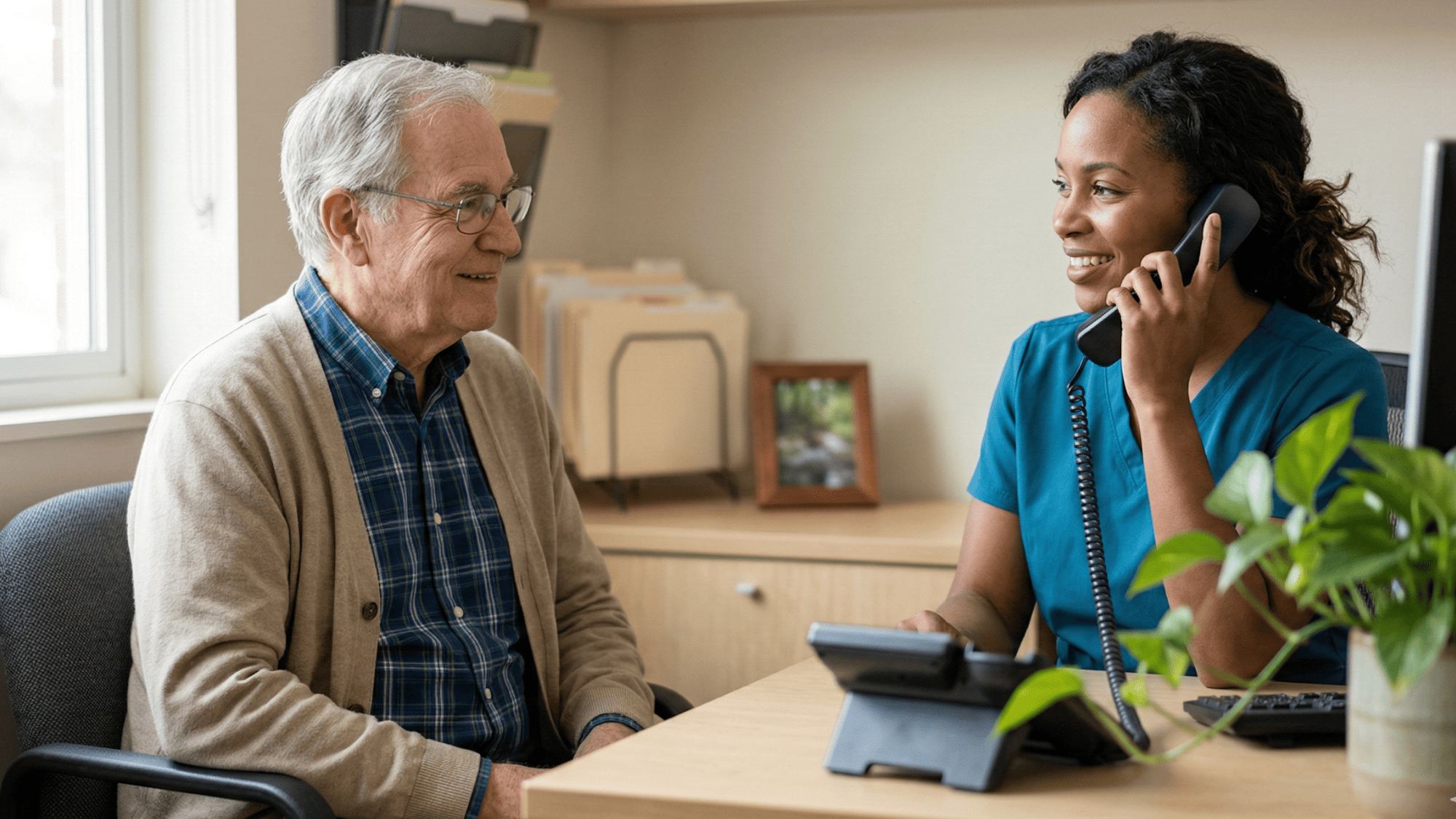 Nurse on the phone with a senior patient in a friendly clinic office setting